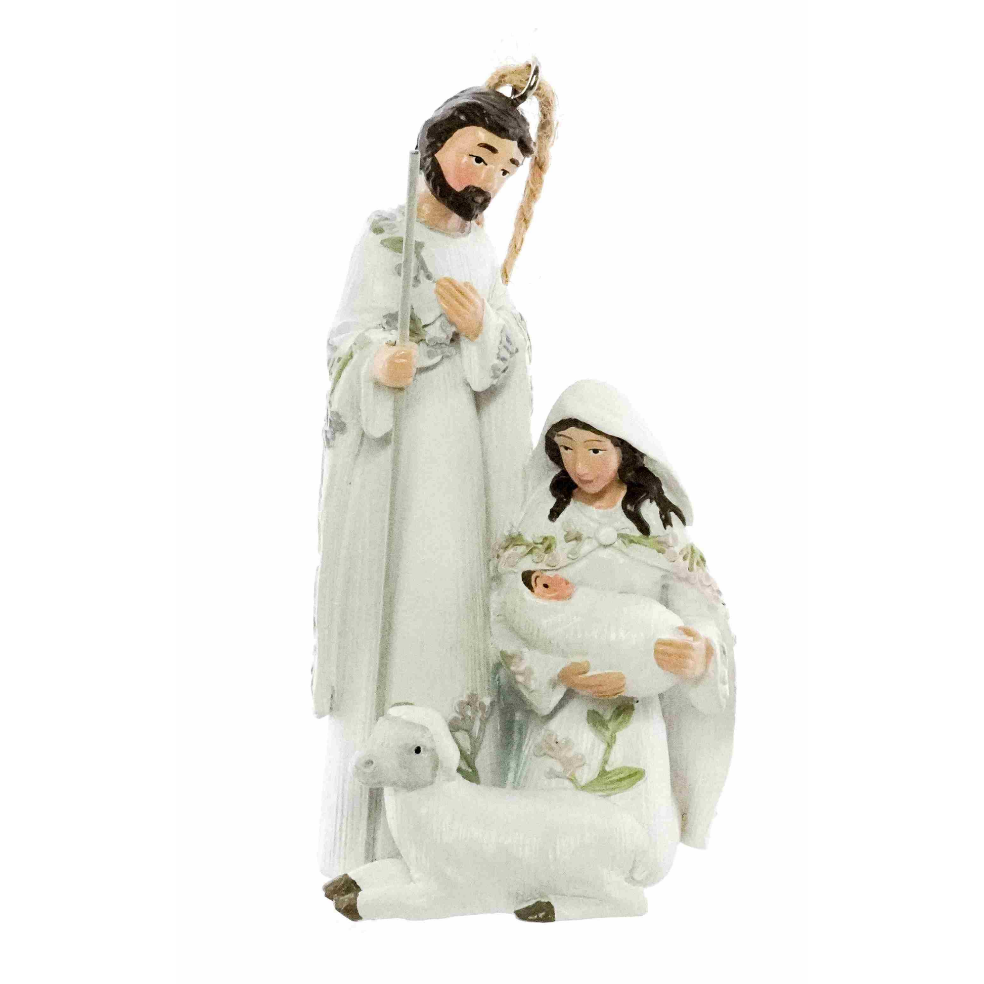 White nativity Christmas tree decoration with Mary, Joseph, baby Jesus and a lamb with floral detail