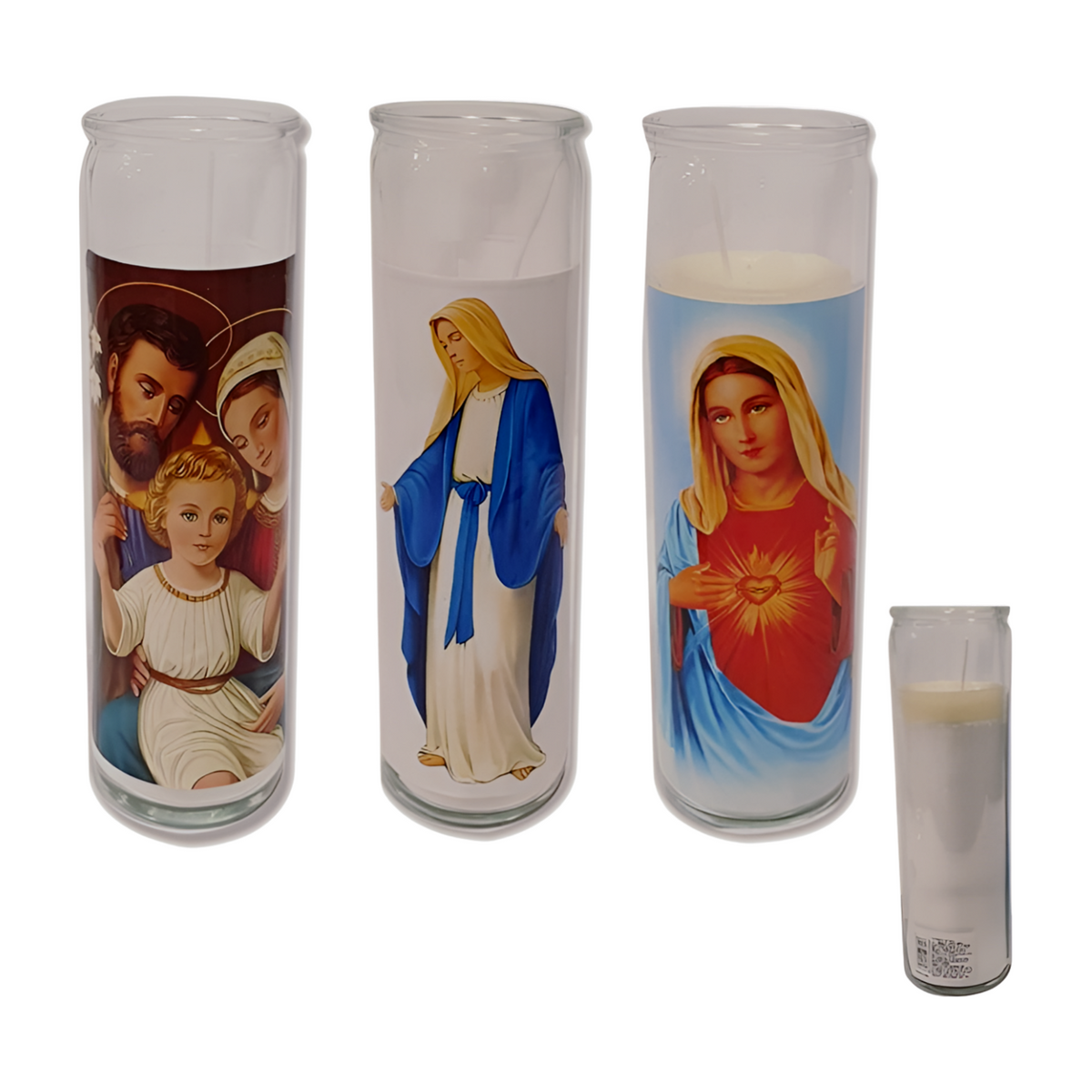 White pillar candle picture with gold cross emblem and gold rim with red LED flame