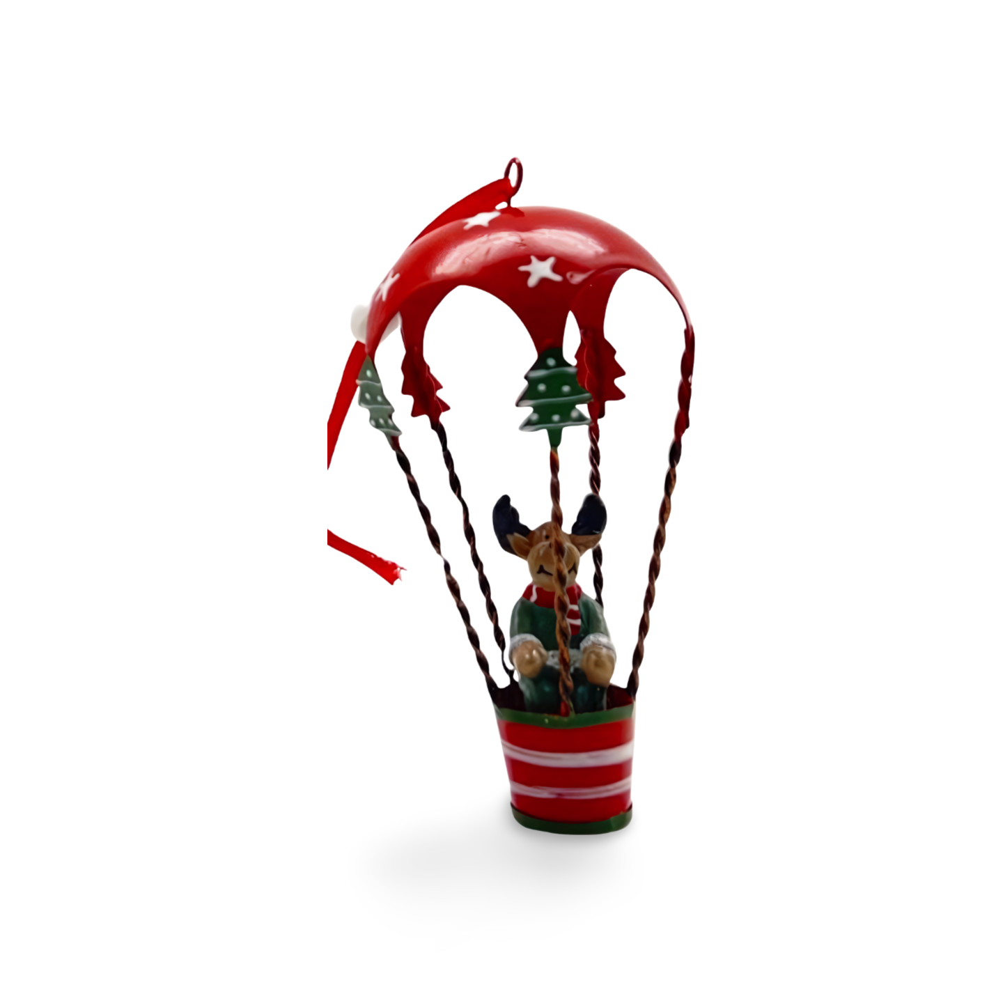 Three metal hot air balloon Christmas ornaments in red, green, and white, each with a festive character—Santa, snowman, or reindeer—riding in the basket with hanging ribbon.