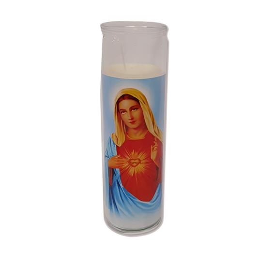 Tall glass prayer candle with Immaculate Heart of Mary on a blue background