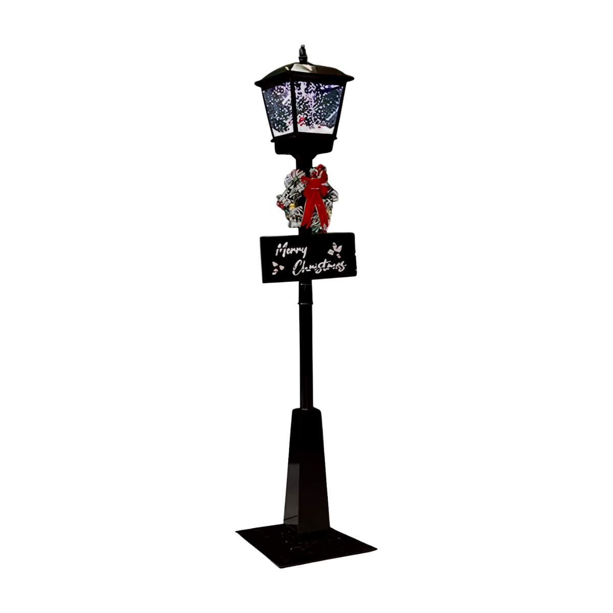 Black Christmas lamp post with LED lights, swirling snow effect, wreath, and “Merry Christmas” sign