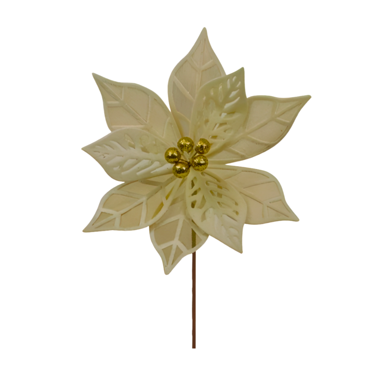 Ivory poinsettia flower pick with embossed veined petals, cut edges, and gold bead stamens