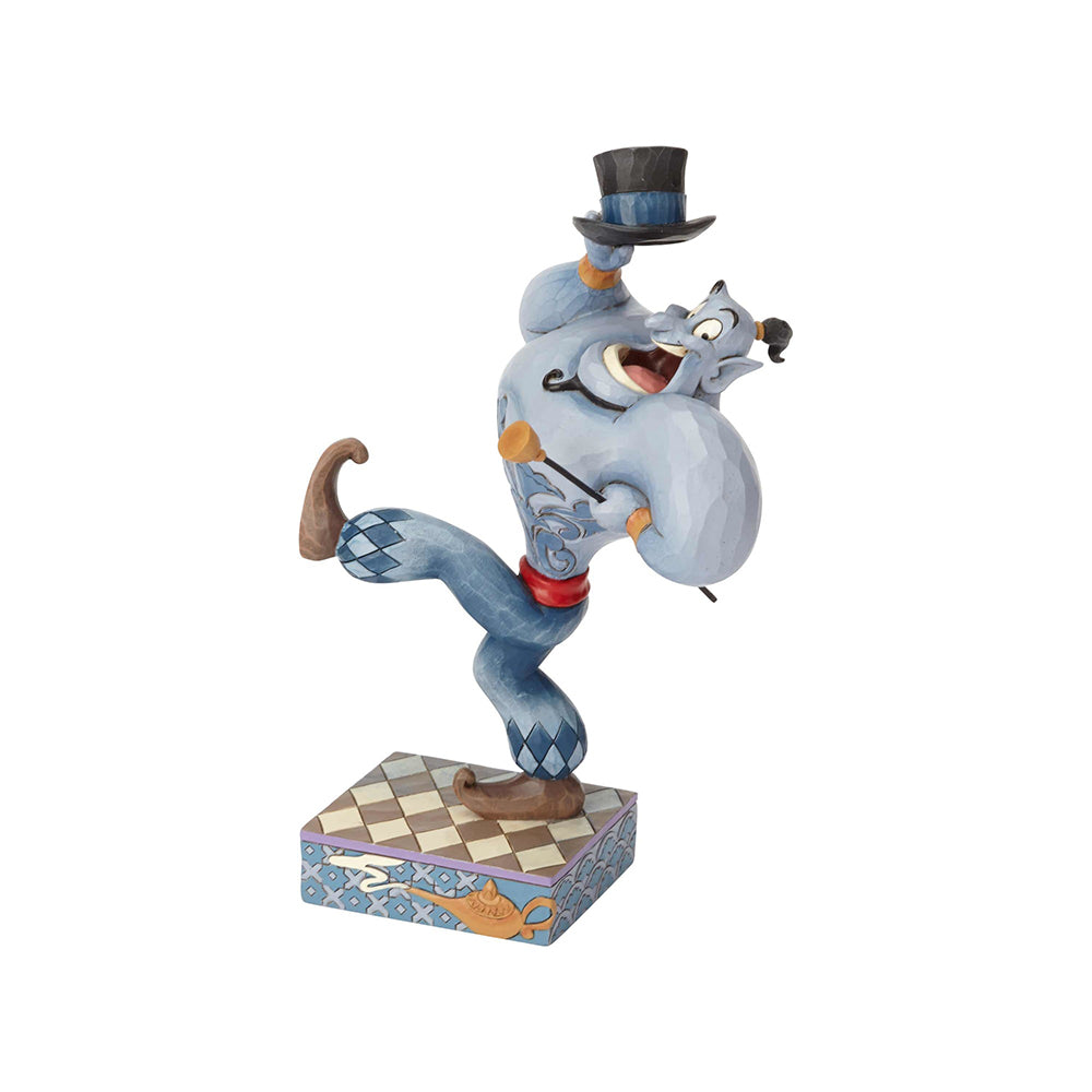 Genie from Aladdin figurine dancing with a top hat and cane, blue scrollwork body detail, on a lamp and diamond pattern base