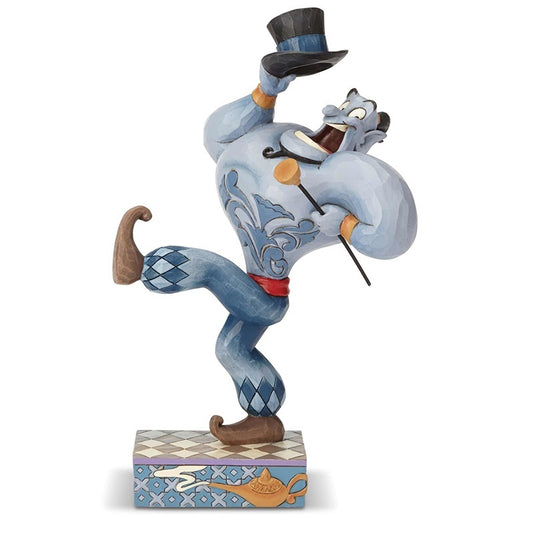 Genie from Aladdin figurine front view, kicking leg up while holding top hat and cane, blue scrollwork chest, magic lamp base