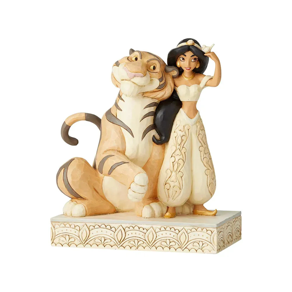 Jasmine and Rajah Aladdin white woodland figurine front view, Jasmine leaning on Rajah with a bird on her hand, cream floral base