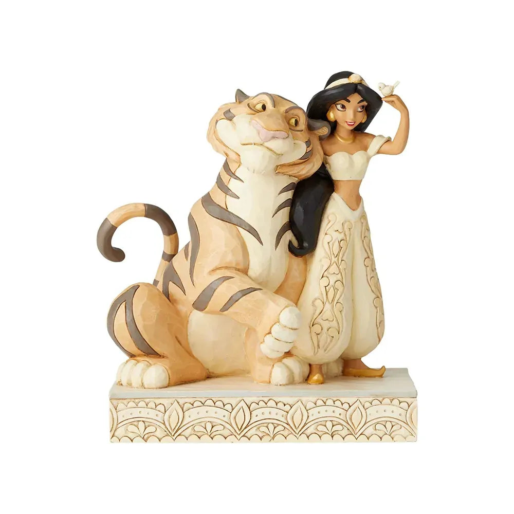 Jasmine and Rajah from Aladdin white woodland figurine, Jasmine in scrollwork gown with small bird, on a cream floral base