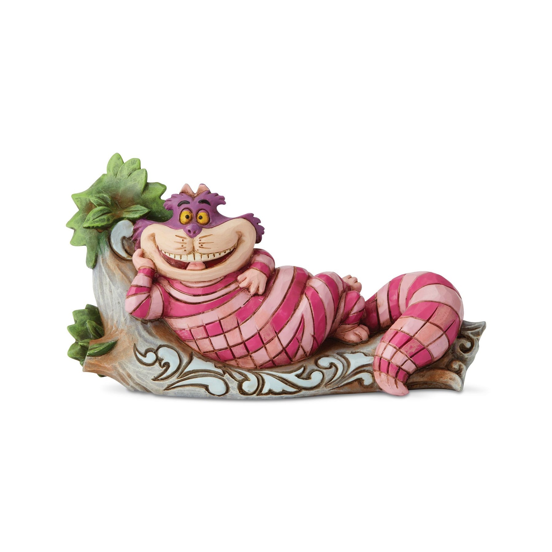 Cheshire Cat from Alice in Wonderland figurine front view, wide grin, pink striped body draped over a log with scrollwork detail