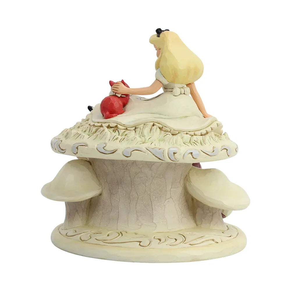 Alice in Wonderland white woodland figurine rear view, Alice atop a cream mushroom with the Cheshire Cat visible below