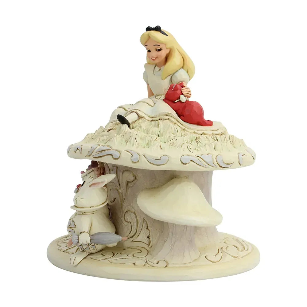 Alice in Wonderland white woodland figurine, Alice on a cream mushroom above the Cheshire Cat and White Rabbit with a pocket watch
