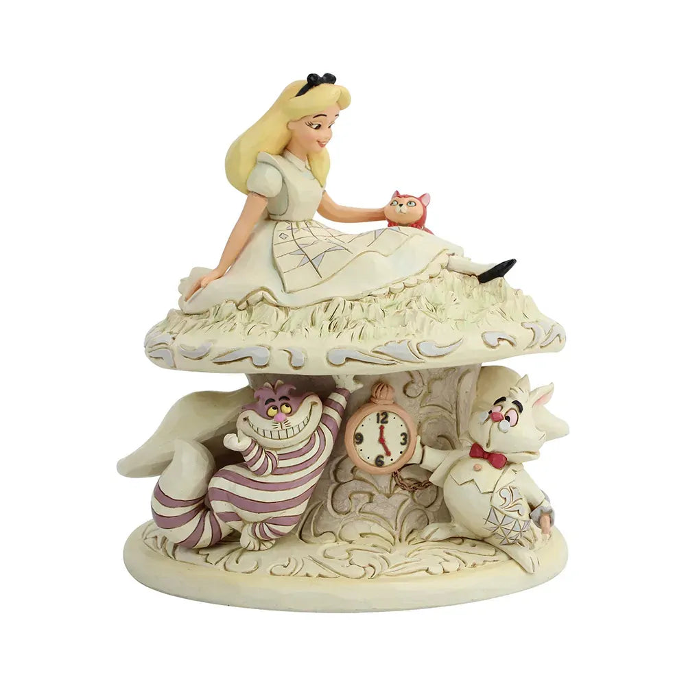 Alice in Wonderland white woodland figurine side view, Alice atop mushroom above the White Rabbit, cream scrollwork throughout 