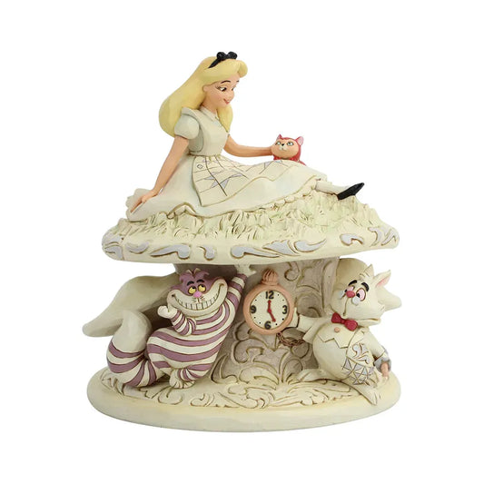 Alice in Wonderland white woodland figurine side view, Alice atop mushroom above the White Rabbit, cream scrollwork throughout 