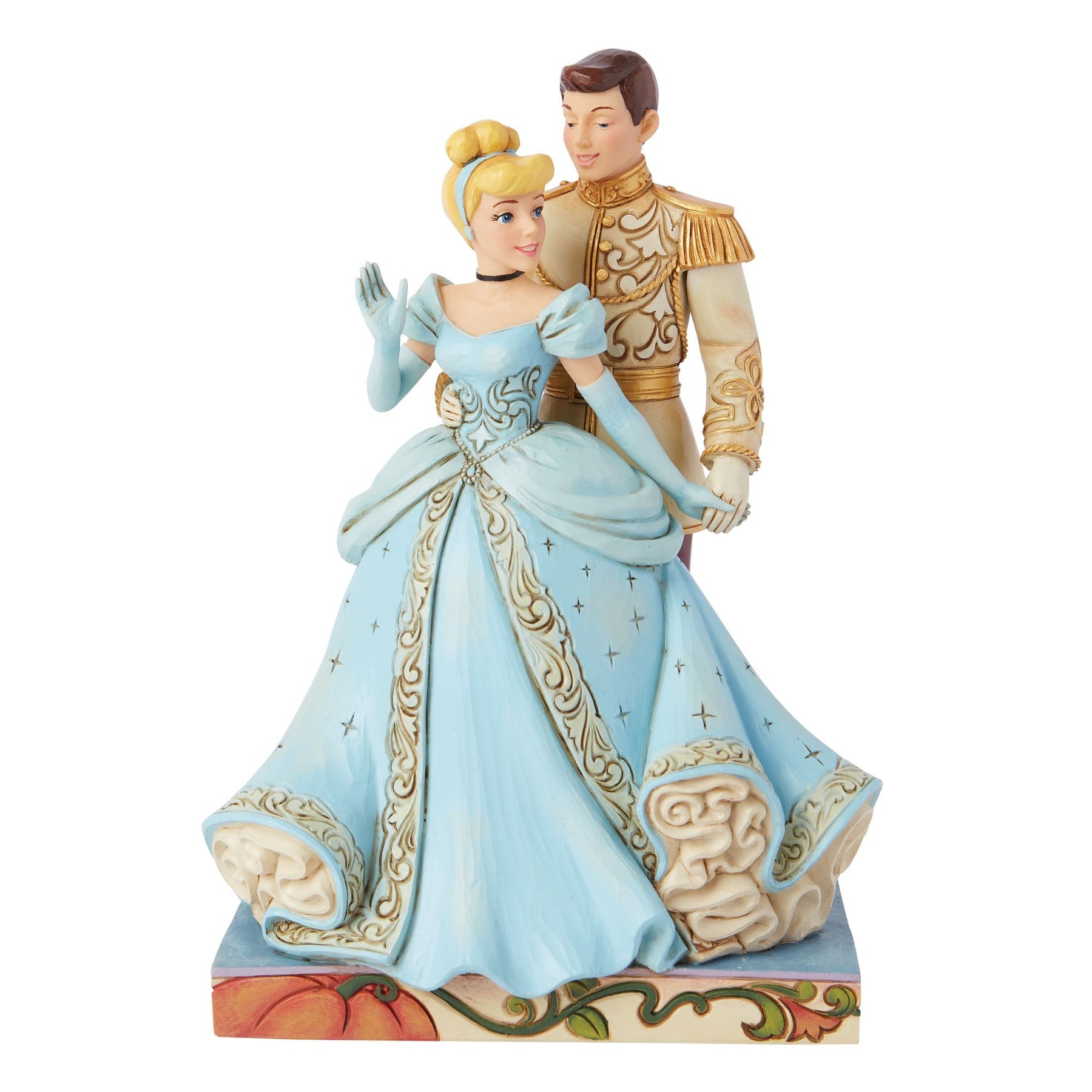 Cinderella and Prince Charming figurine, blue ball gown with gold scrollwork, cream military uniform, pumpkin painted base 