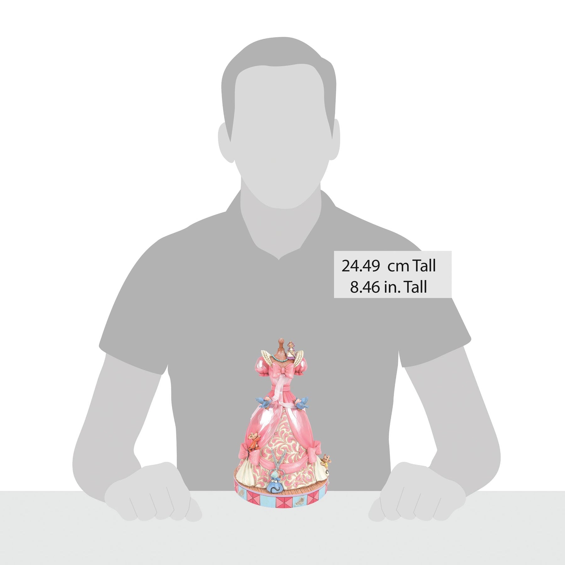 Cinderella dress mannequin figurine size comparison with adult male silhouette, 24.49cm / 8.46 inches tall