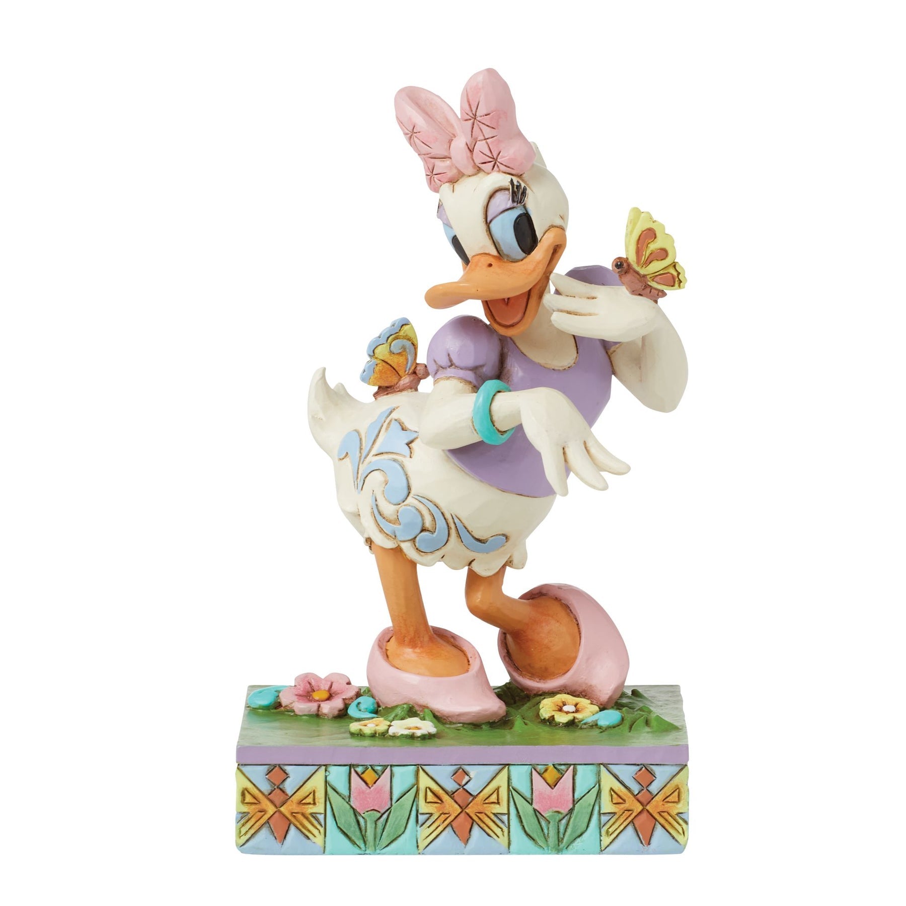 Daisy Duck spring figurine with butterflies, pink bow, purple top, scrollwork body detail, floral tulip painted base