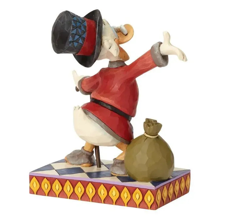Scrooge McDuck figurine rear view, posing with a cane and money bag, red coat, diamond-patterned top hat, on a geometric base