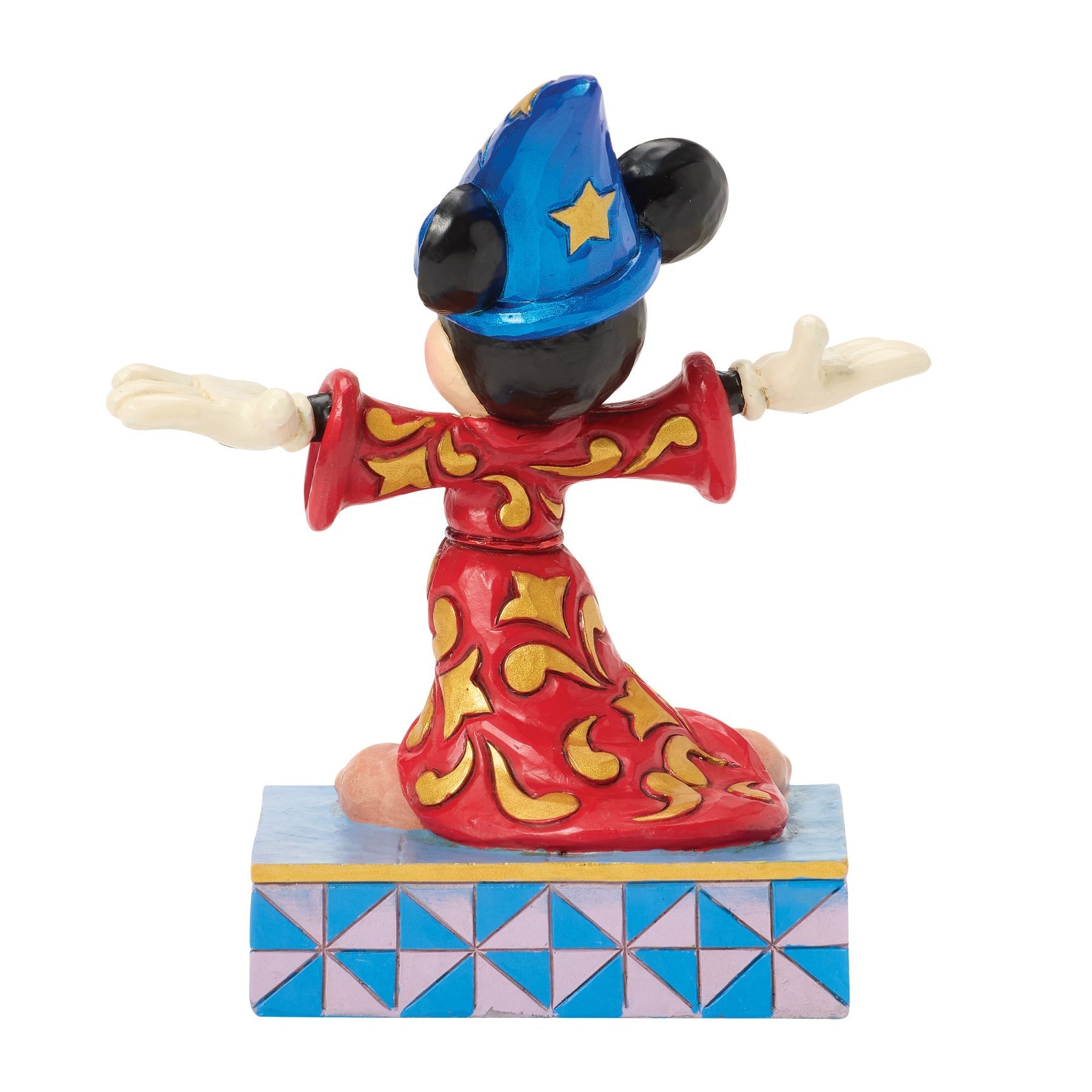 Rear view of Sorcerer Mickey Mouse figurine in red and gold scrollwork robe, blue star hat, star painted base
