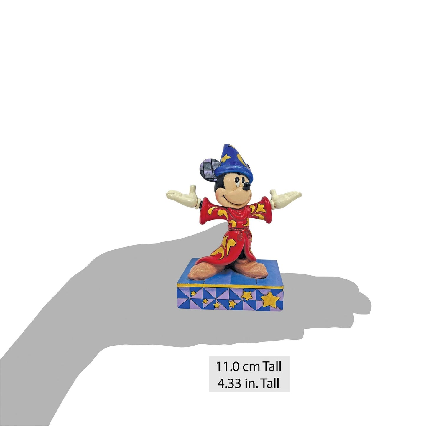 Sorcerer Mickey Mouse figurine shown on open palm for scale, 11cm / 4.33 inches tall 