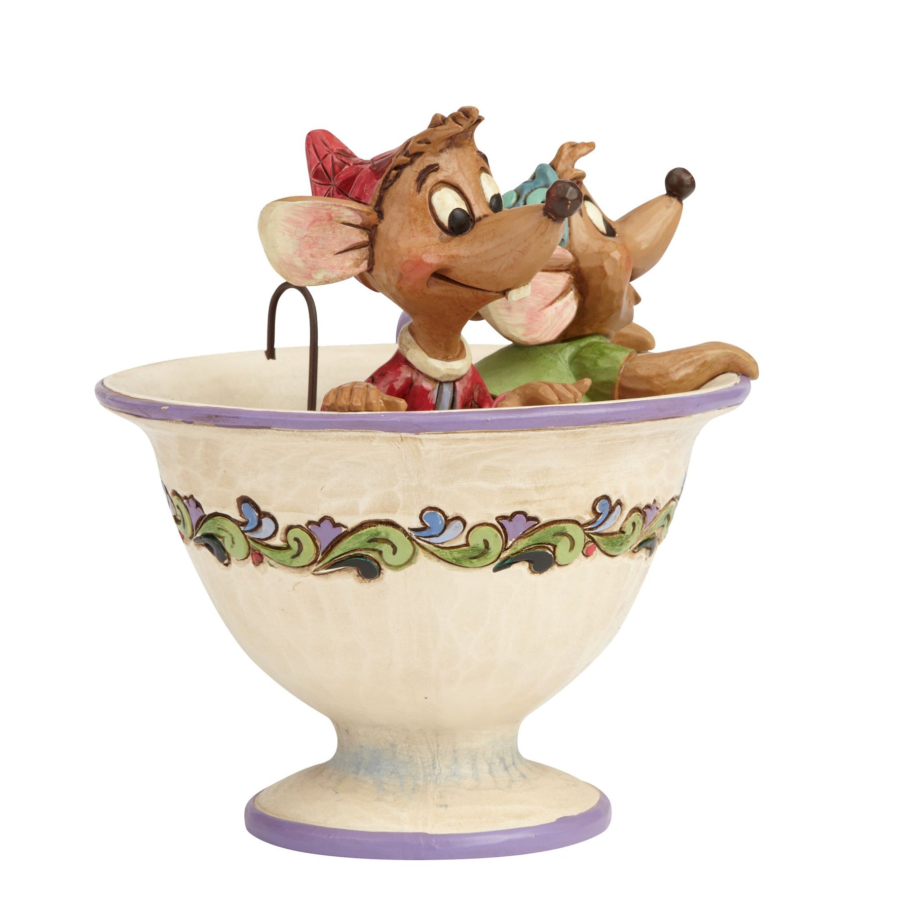 Jaq and Gus Cinderella figurine left side view, two mice in cream teacup with painted floral scrollwork band, no handle visible