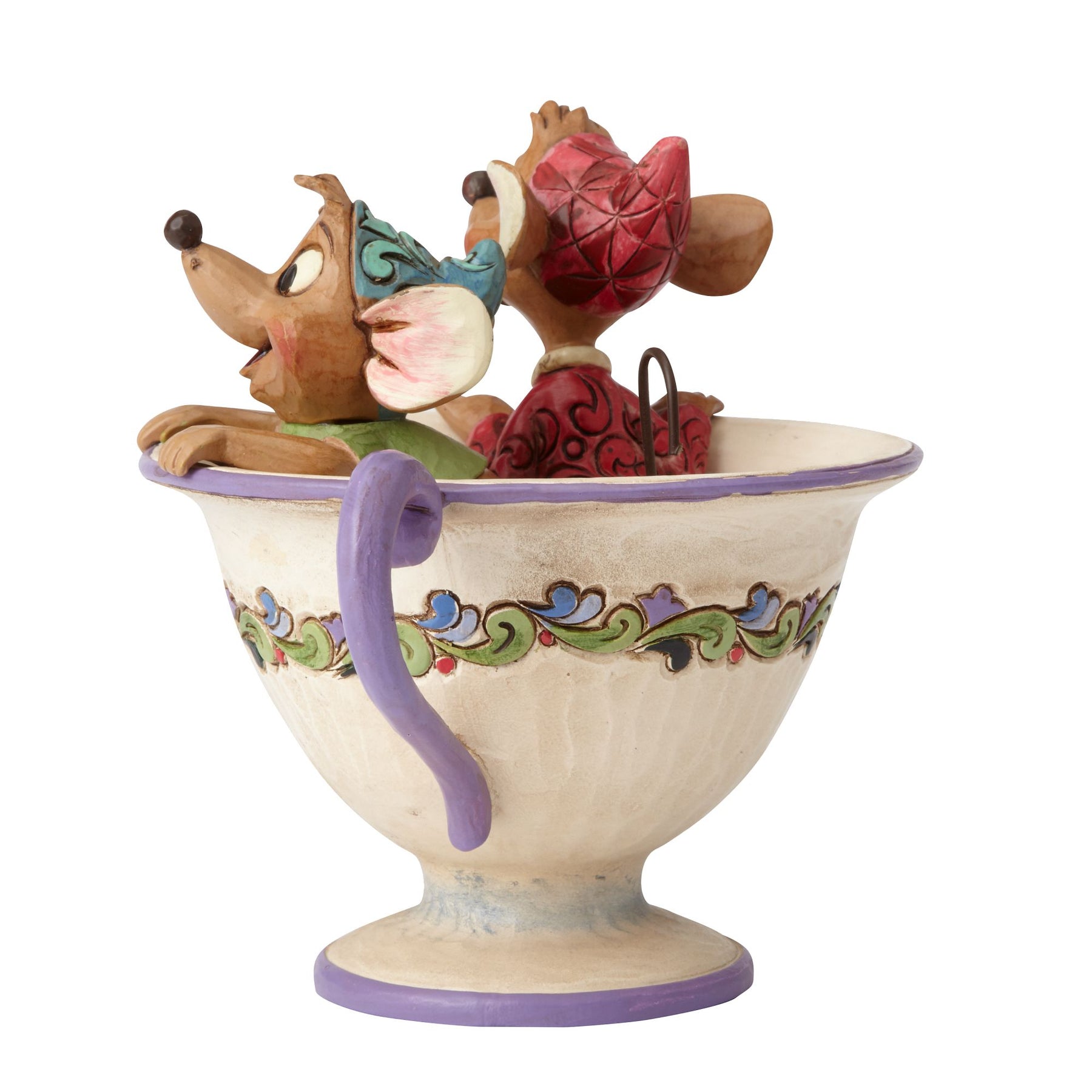 Jaq and Gus from Cinderella figurine in a teacup, right side view, showing scrollwork band and purple handle on cream cup