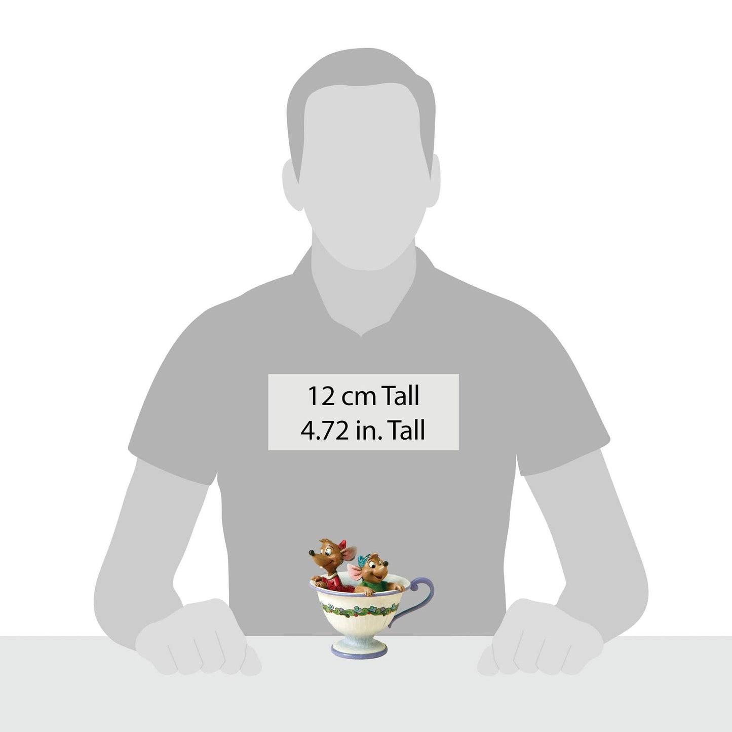 Size reference showing Jaq and Gus teacup figurine beside a human silhouette, labelled 12 cm / 4.72 inches tall 