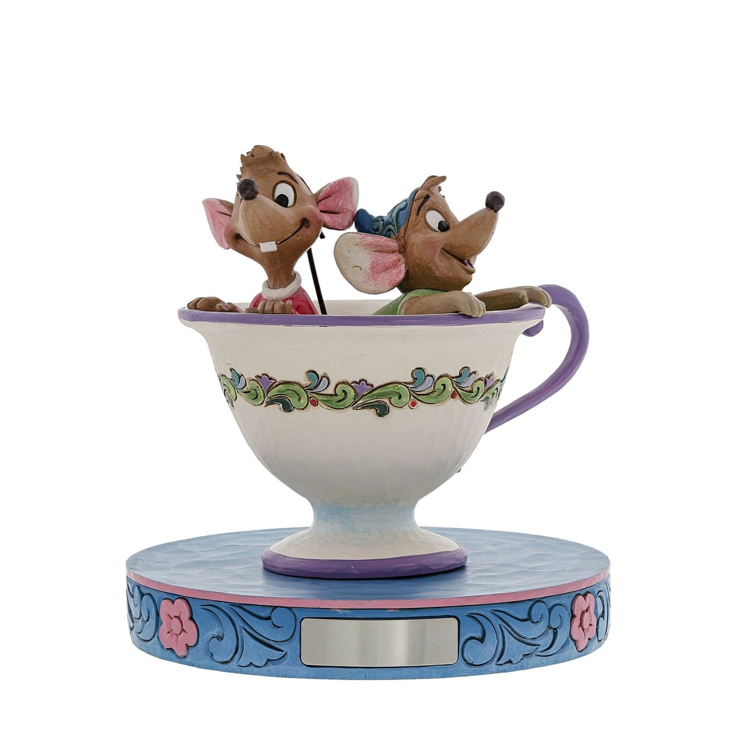 Jaq and Gus in teacup figurine on a blue scrollwork display base with a metal nameplate plaque on the front