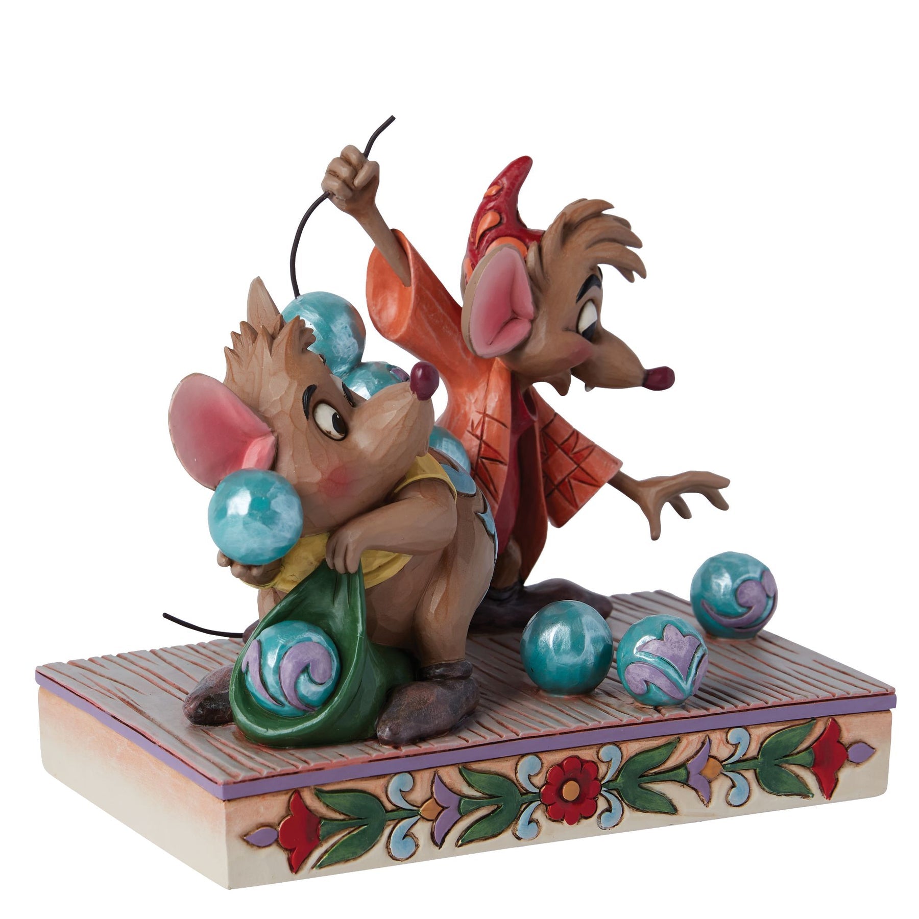 Side view of Jaq and Gus figurine from Cinderella, carrying teal beads with scattered detail, painted floral base