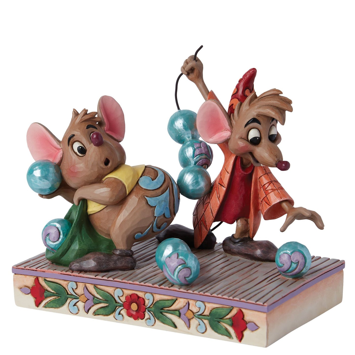 Front 3/4 view of Jaq and Gus figurine from Cinderella carrying teal beads, painted floral base