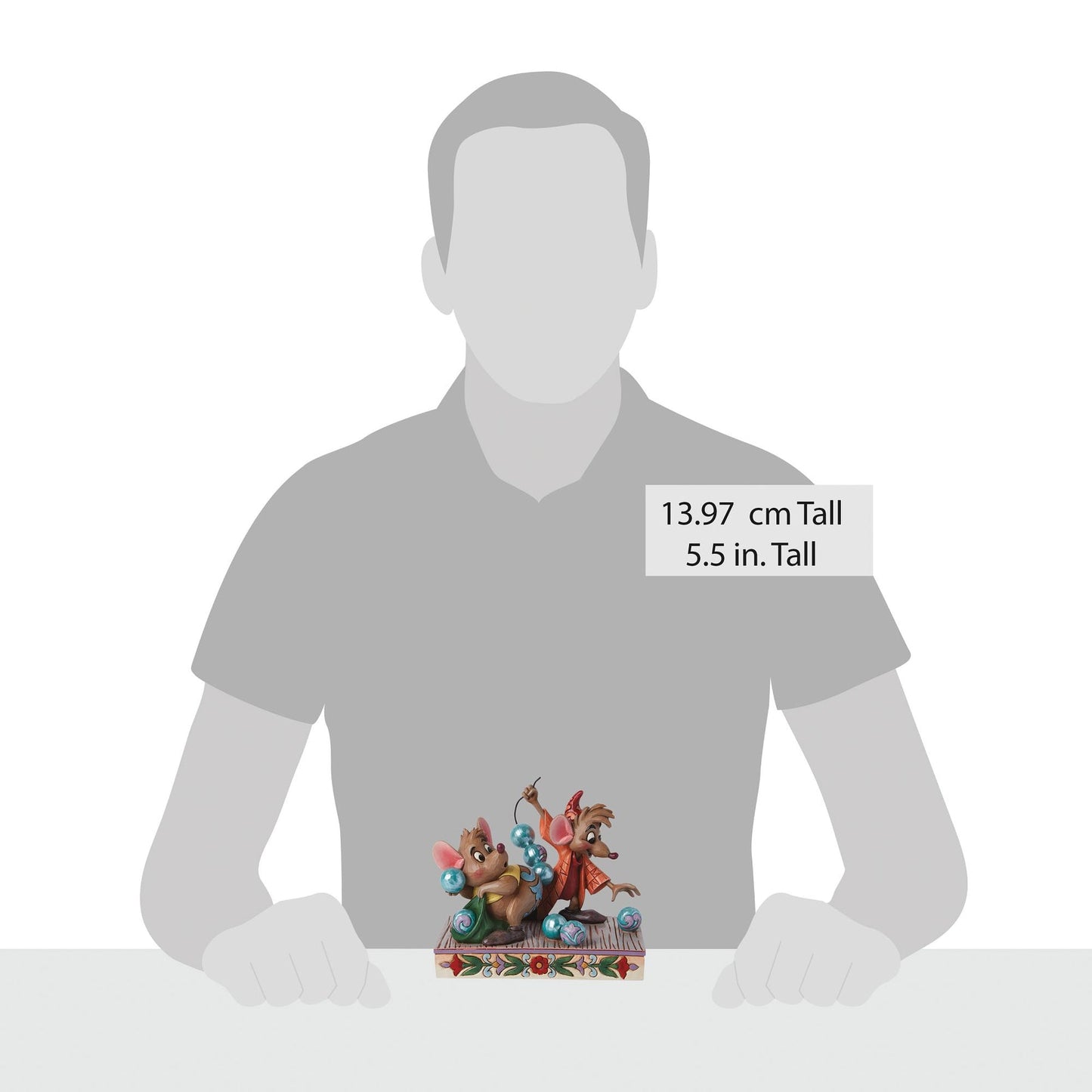 Jaq and Gus figurine size comparison with adult male silhouette, 13.97cm / 5.5 inches tall 