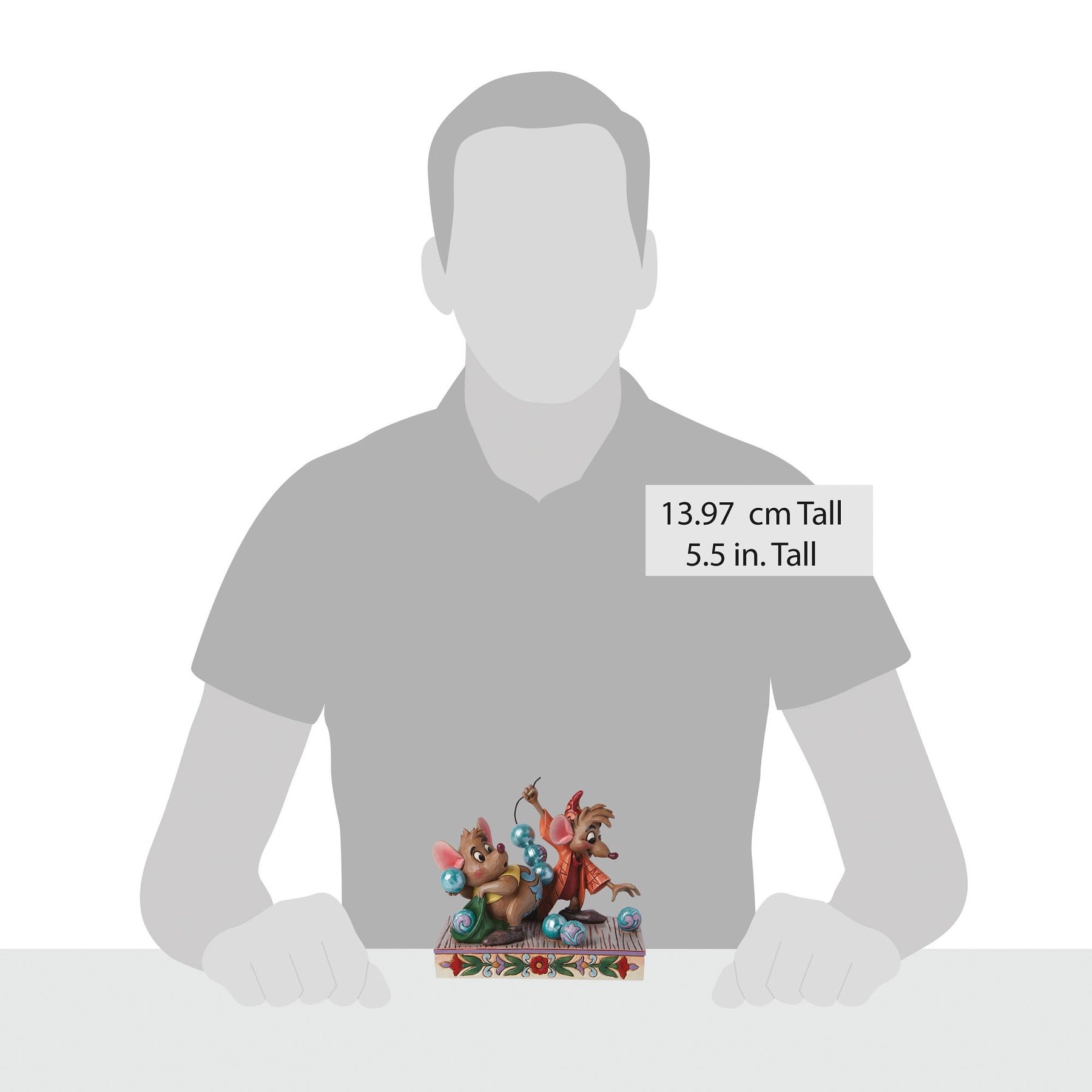 Jaq and Gus figurine size comparison with adult male silhouette, 13.97cm / 5.5 inches tall 