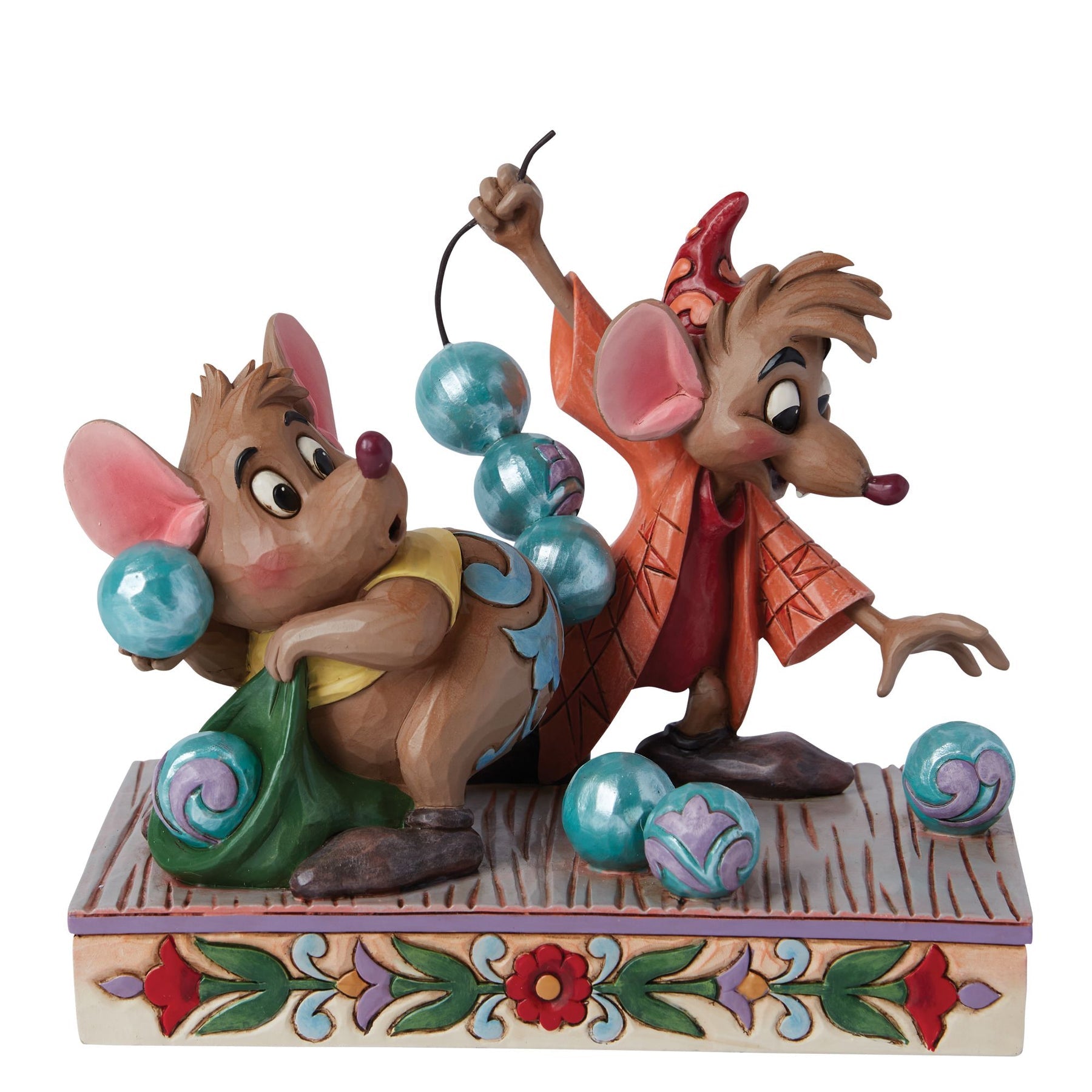 Jaq and Gus figurine from Cinderella carrying teal beads, expressive poses, painted floral base