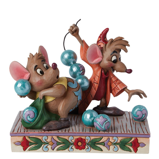 Jaq and Gus figurine from Cinderella carrying teal beads, expressive poses, painted floral base