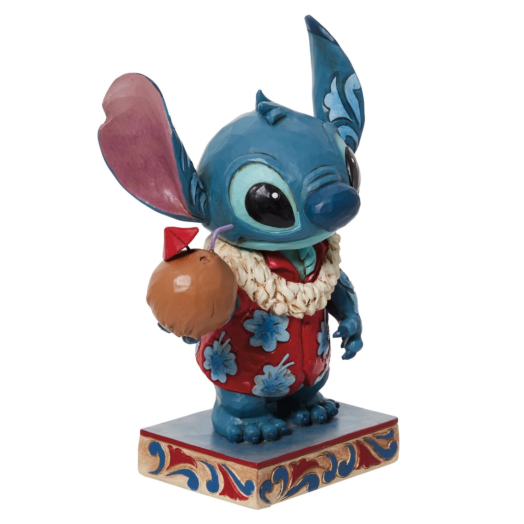 Stitch figurine in red floral shirt and lei, holding coconut drink with straw, painted decorative base