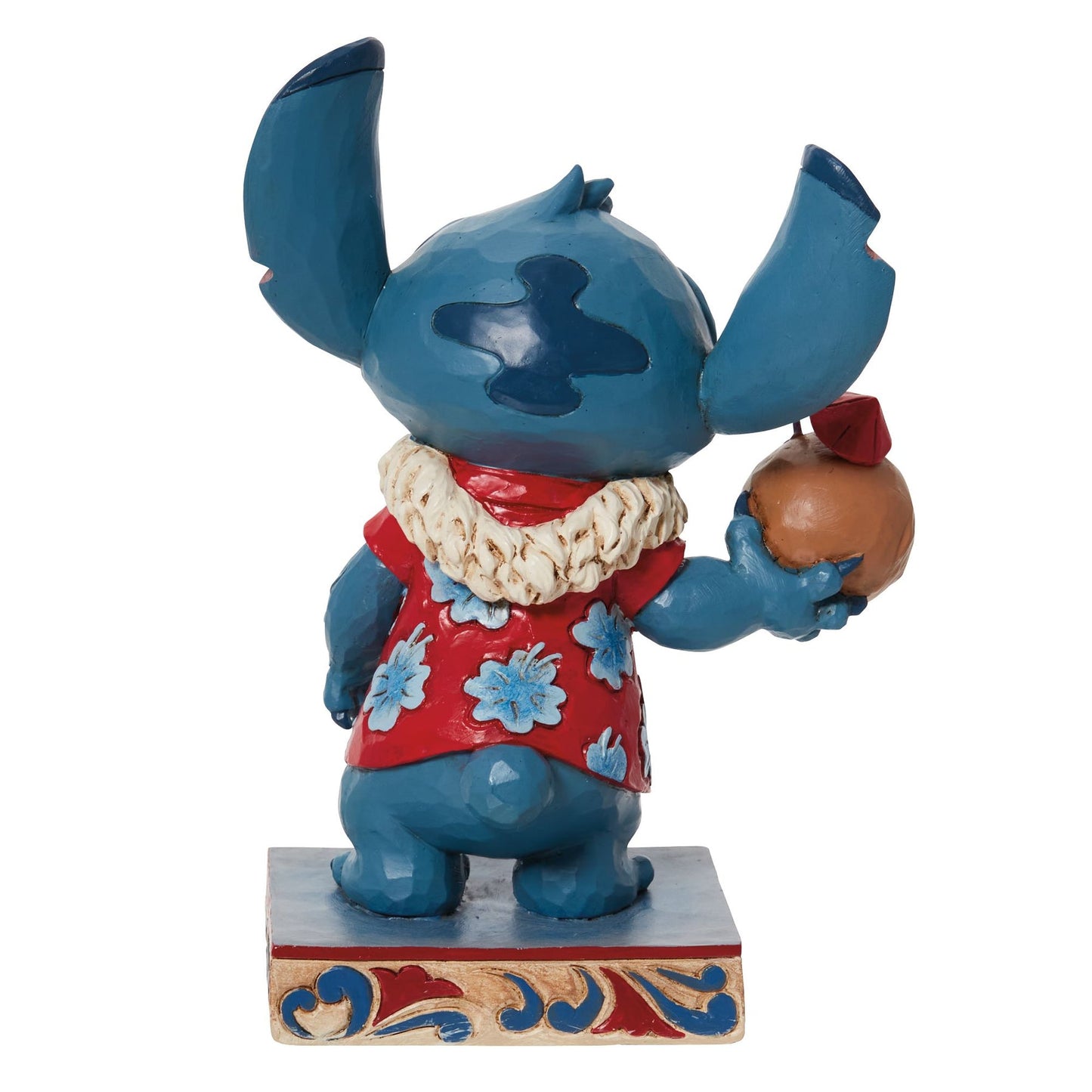 Stitch figurine rear view, red floral shirt, lei, holding coconut drink, decorative painted base