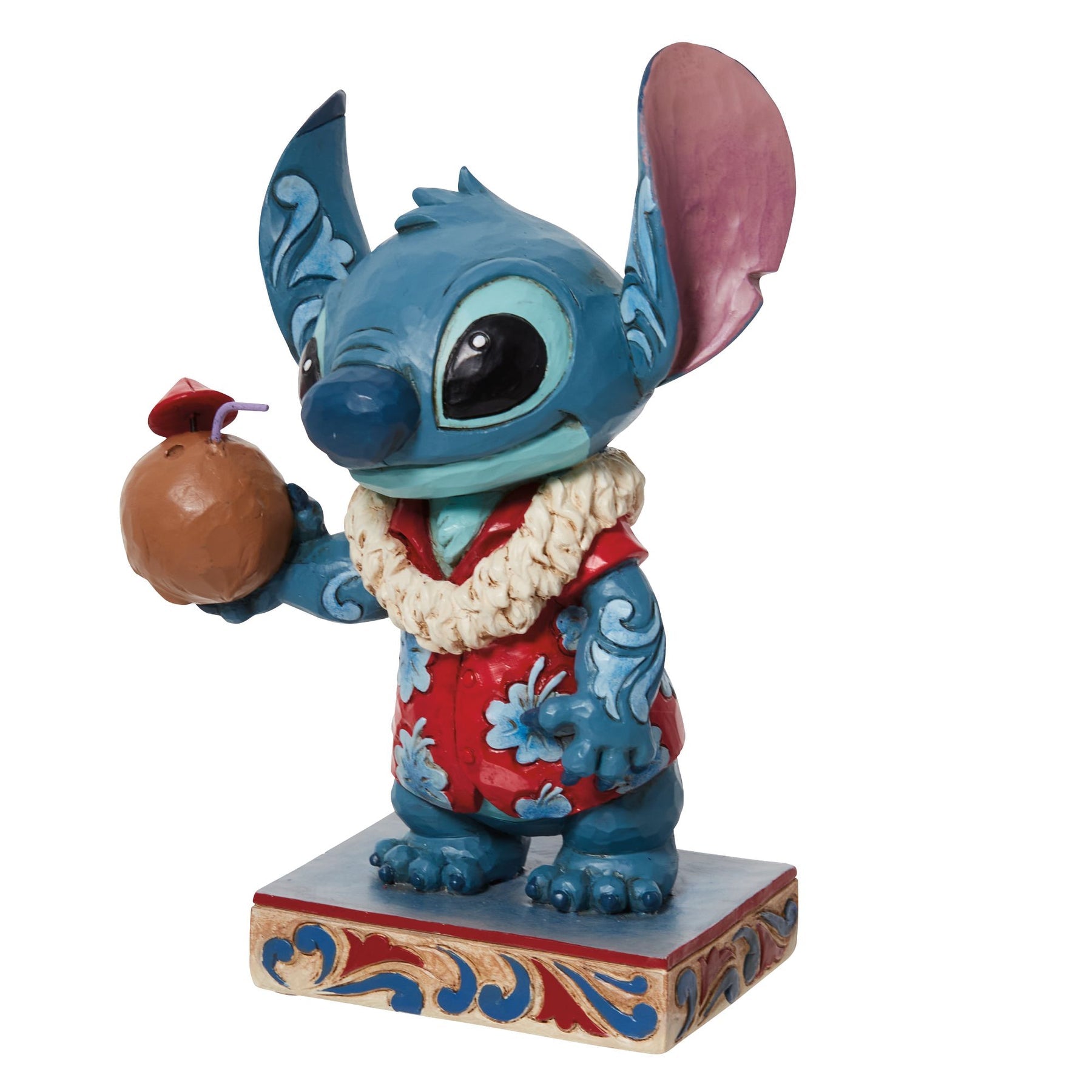 Side view Stitch figurine in red floral shirt and lei, holding coconut drink, scrollwork painted base