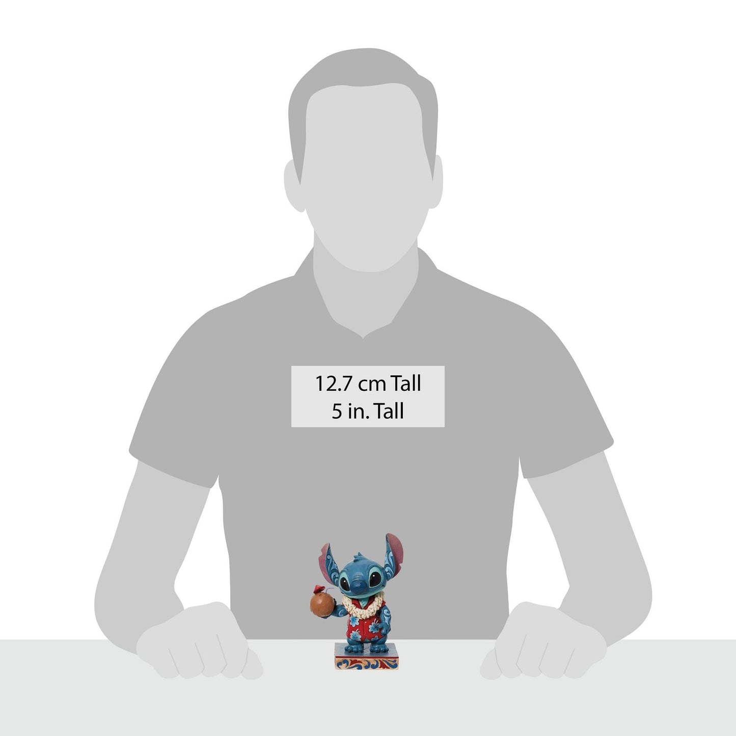 Stitch figurine size comparison with adult male silhouette, 12.7cm / 5 inches tall