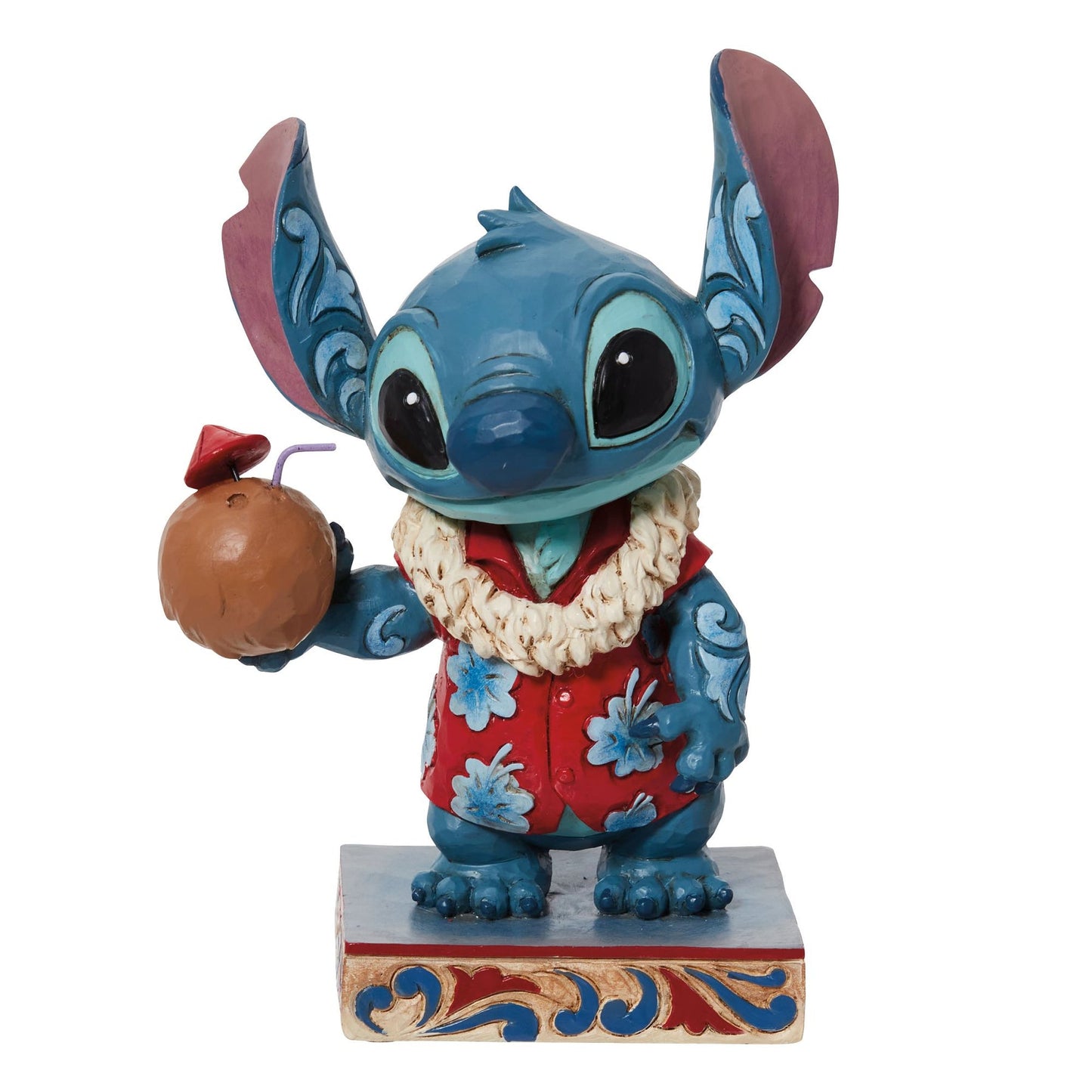Front view Stitch figurine in red floral shirt and lei, holding coconut drink, scrollwork painted base
