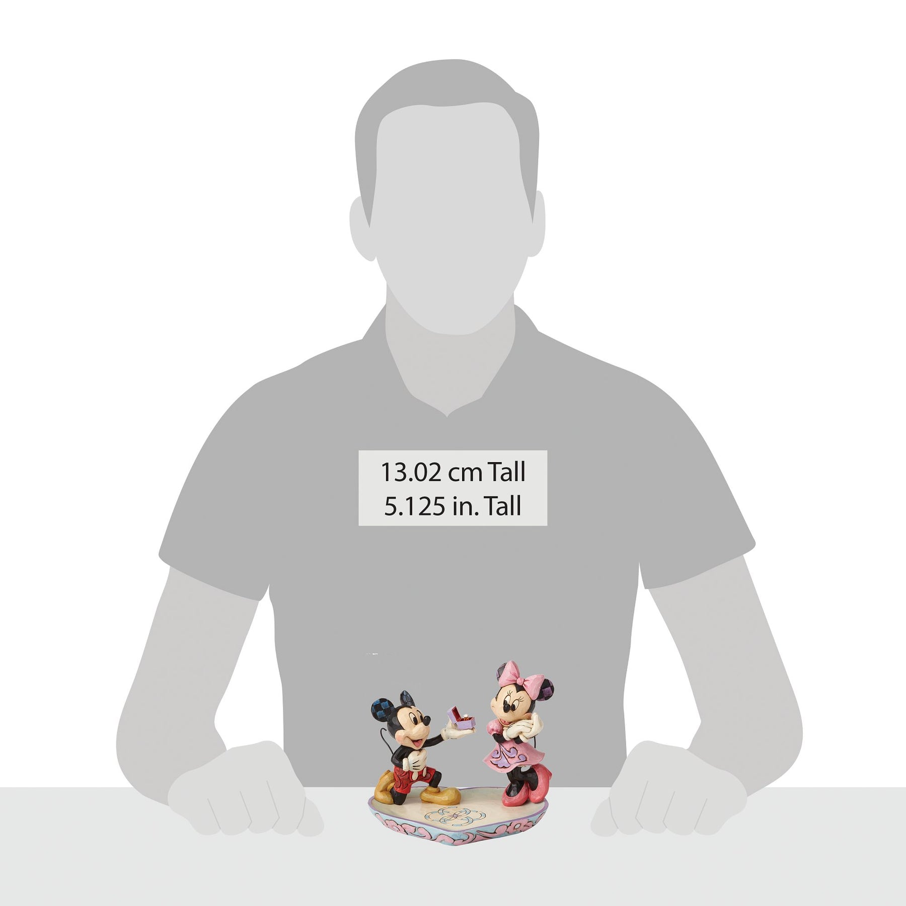Size reference showing Mickey proposing to Minnie figurine beside a human silhouette, labelled 13 cm / 5.125 inches tall