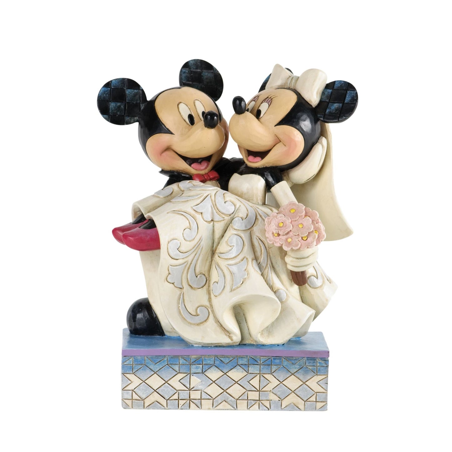 Mickey and Minnie Mouse wedding figurine, Mickey in tuxedo, Minnie in scrollwork gown holding pink bouquet, geometric painted base