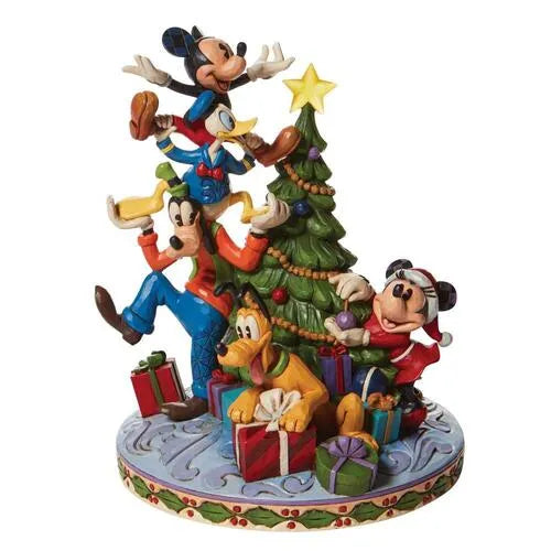 Front view of Disney Fab Five Christmas figurine, five characters clustered around a decorated tree with colourful gifts.