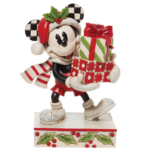 Jim Shore Mickey with stacked Christmas presents, Santa hat with holly, striped scarf on festive base