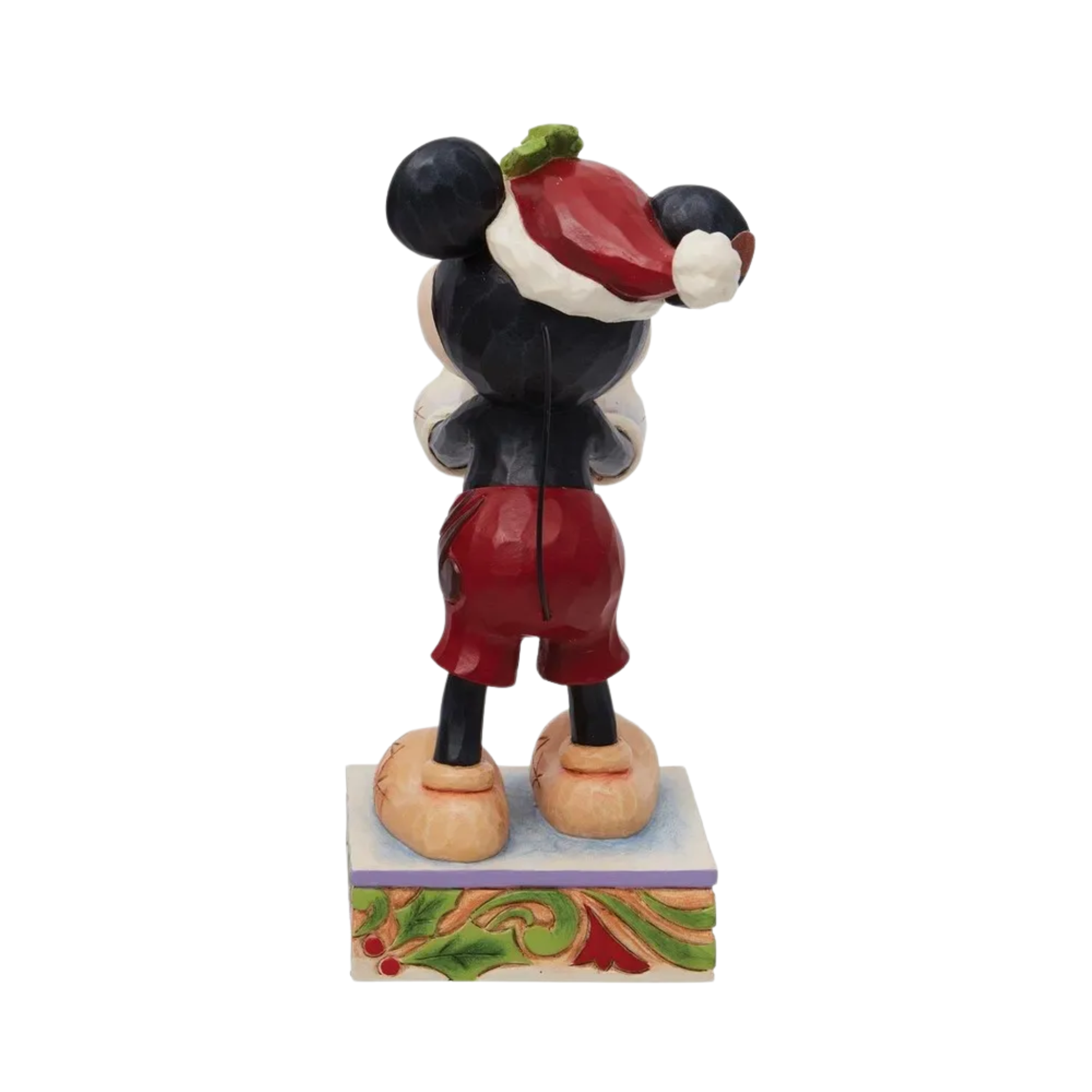 Rear view of Mickey Mouse Christmas figurine showing Santa hat with holly and decorative base