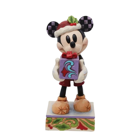 Mickey Mouse Secret Santa figurine with checkered ears, Santa hat, and gift on ornate base