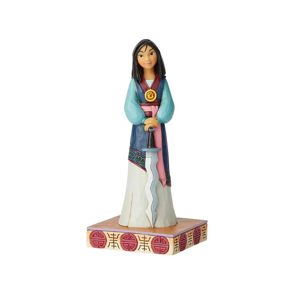 Mulan figurine front view holding a sword, blue and teal layered robes with scrollwork border, on a Chinese symbol painted base