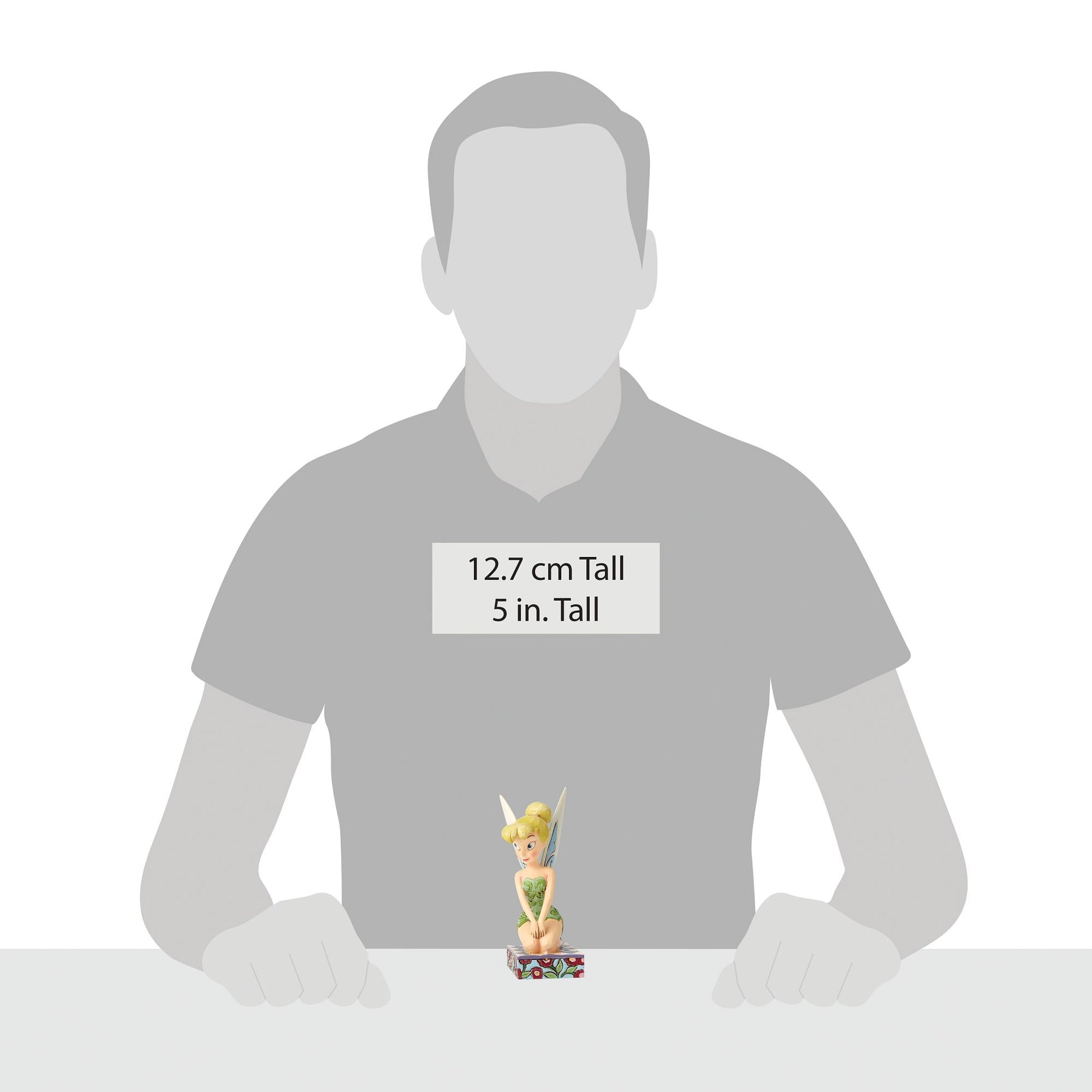 Size reference image showing Tinker Bell figurine beside a human silhouette, with text indicating 12.7 cm / 5 inches tall