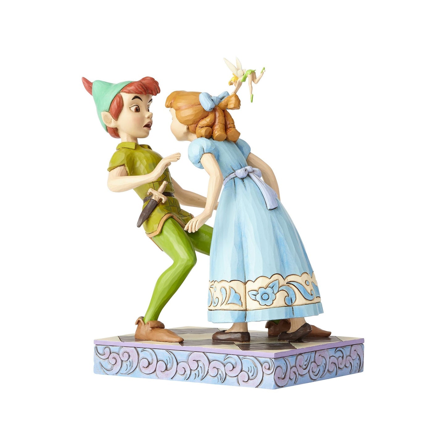 Peter Pan and Wendy figurine alternate side view, Wendy leaning toward Peter with Tinker Bell above, on a painted cloud base