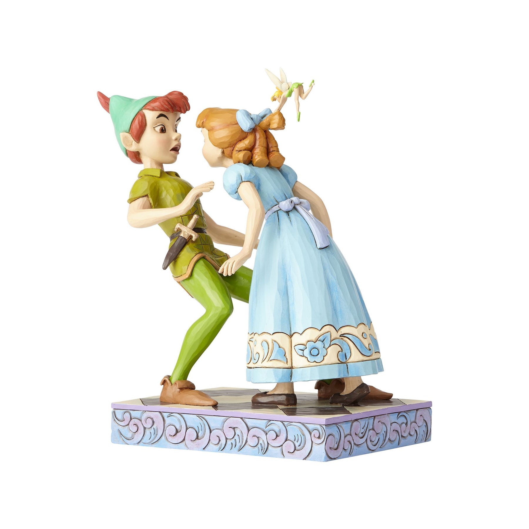 Peter Pan and Wendy figurine alternate side view, Wendy leaning toward Peter with Tinker Bell above, on a painted cloud base