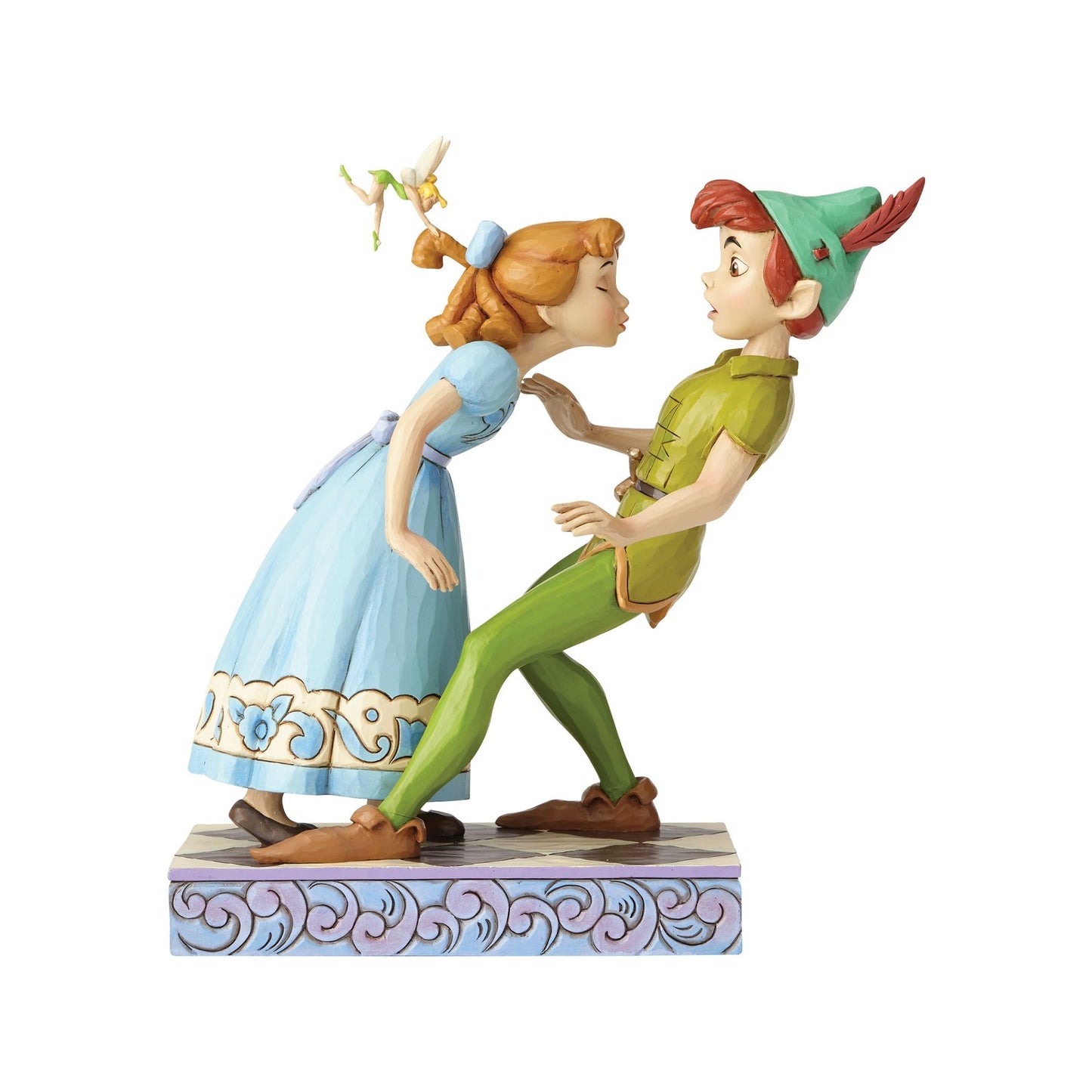 Peter Pan and Wendy figurine, Wendy leaning in to kiss Peter with Tinker Bell perched in her hair, on a cloud scrollwork base
