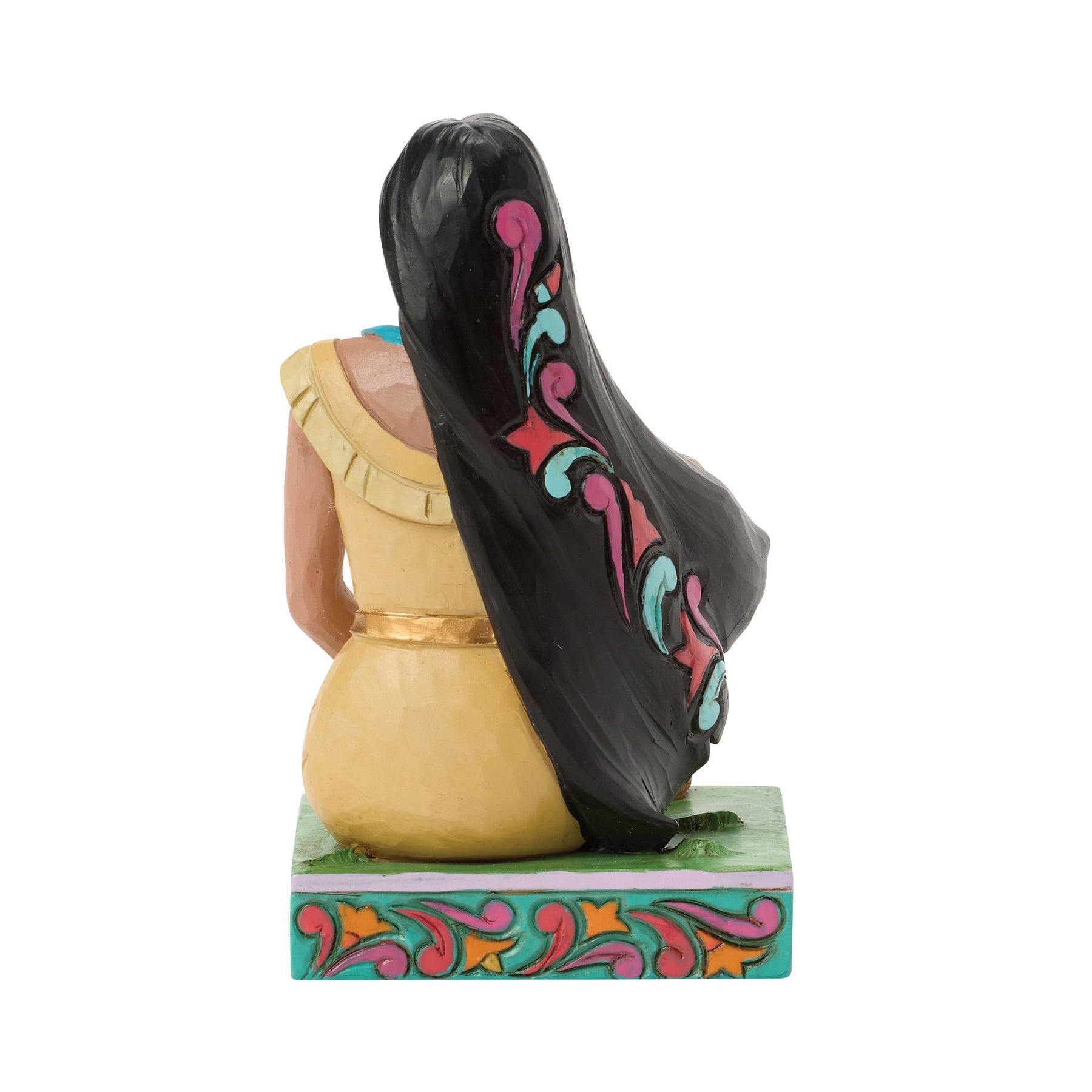 Rear view of Pocahontas figurine showing scrollwork detail on long black hair, gold dress, teal and pink painted base