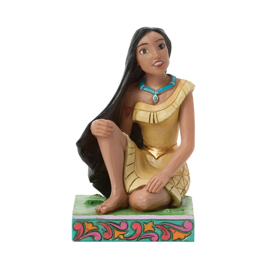 Pocahontas figurine seated in gold dress with teal necklace, scrollwork hair detail, vibrant teal and pink painted base