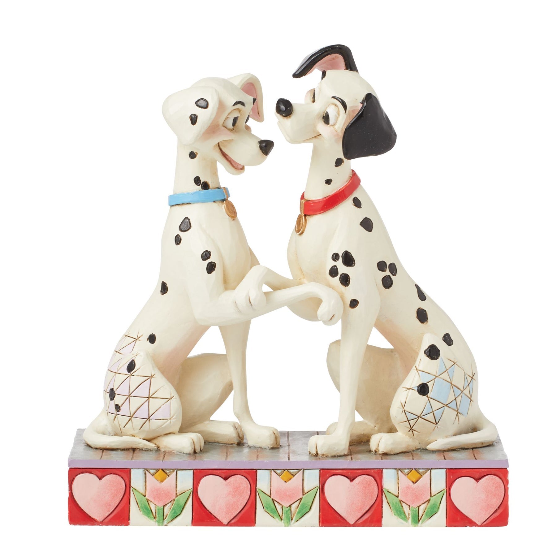 Pongo and Perdita figurine from 101 Dalmatians touching noses, blue and red collars, heart and tulip painted base